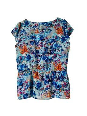 NWOT Halogen Blue Multicolor Floral Sheer Blouse L Short Sleeve Lightweight Top